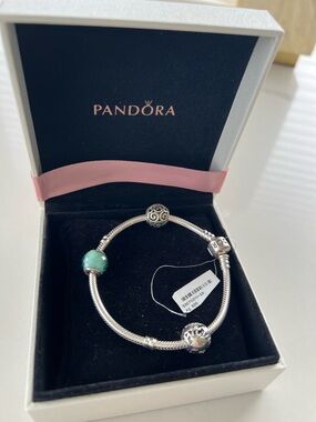 Pandora Silver Bracelet with Green Murano and Decorative Charms